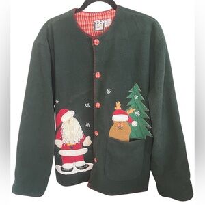 Vintage 3D Green Santa and Reindeer Fleece Sweater Jacket